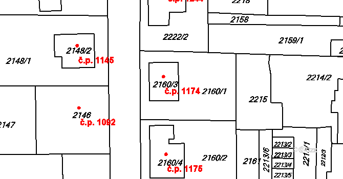 Třešť 1174 na parcele st. 2160/3 v KÚ Třešť, Katastrální mapa