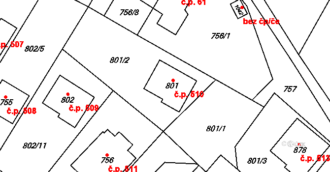 Hanušovice 510 na parcele st. 801 v KÚ Hanušovice, Katastrální mapa