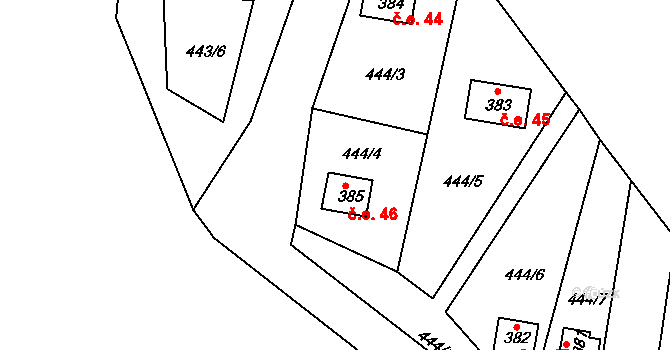 Malé Kyšice 46 na parcele st. 385 v KÚ Malé Kyšice, Katastrální mapa