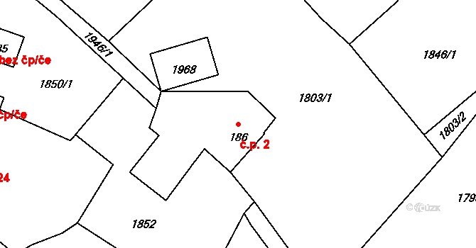 Podzámčí 2, Kdyně na parcele st. 186 v KÚ Podzámčí, Katastrální mapa