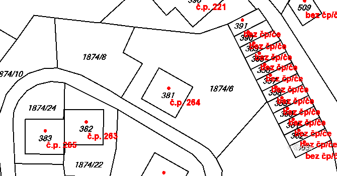 Hejtmánkovice 264 na parcele st. 381 v KÚ Hejtmánkovice, Katastrální mapa