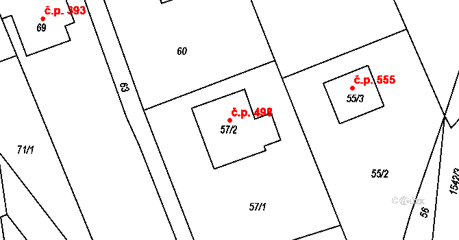 Hodslavice 498 na parcele st. 57/2 v KÚ Hodslavice, Katastrální mapa