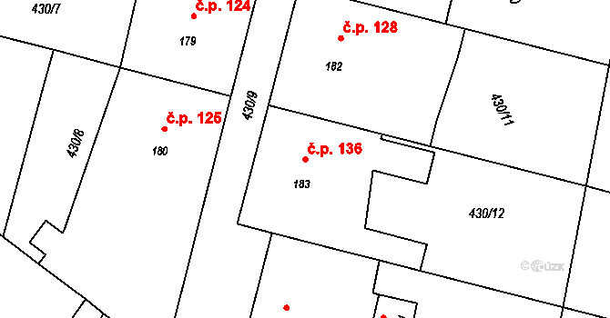 Lužany 136 na parcele st. 183 v KÚ Lužany u Přeštic, Katastrální mapa