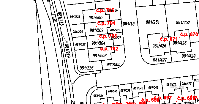 Písnice 702, Praha na parcele st. 981/506 v KÚ Písnice, Katastrální mapa