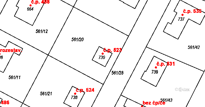 Plaňany 523 na parcele st. 730 v KÚ Plaňany, Katastrální mapa
