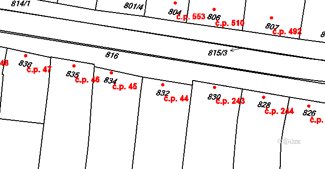 Klobouky u Brna 44 na parcele st. 832 v KÚ Klobouky u Brna, Katastrální mapa