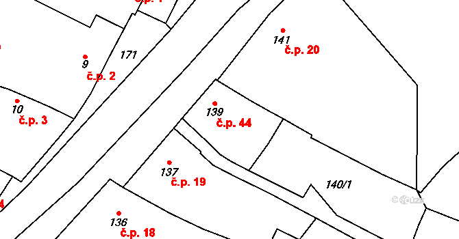 Lutotín 44, Bílovice-Lutotín na parcele st. 139 v KÚ Lutotín, Katastrální mapa