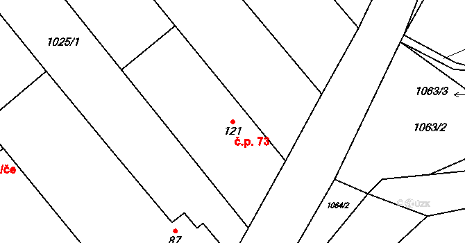 Horušice 73 na parcele st. 121 v KÚ Horušice, Katastrální mapa