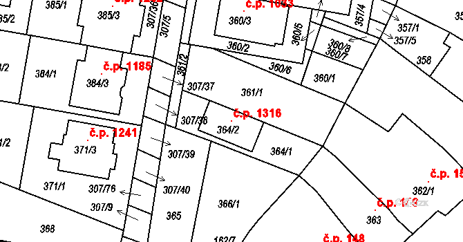 Mutěnice 1316 na parcele st. 364/2 v KÚ Mutěnice, Katastrální mapa