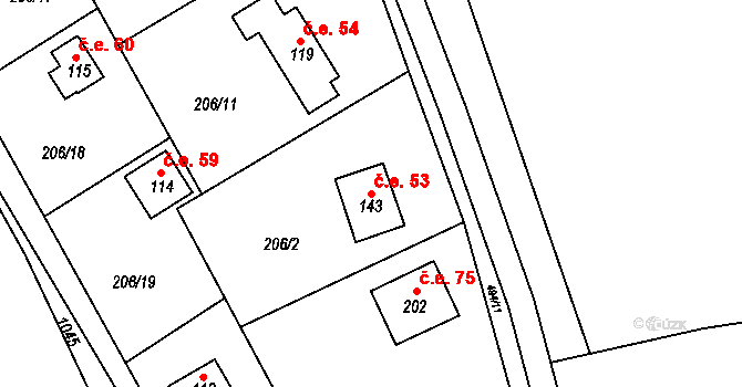 Neratov 53 na parcele st. 143 v KÚ Neratov, Katastrální mapa