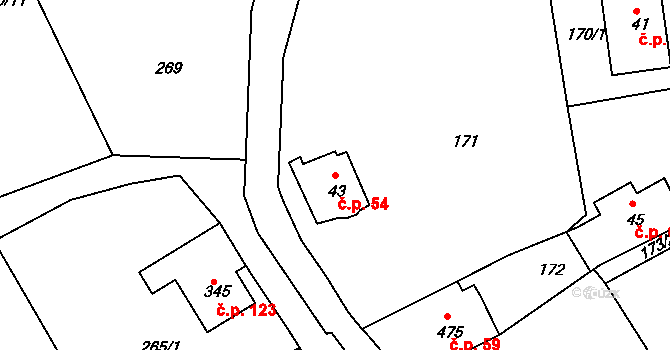Kamenná 54, Jílové na parcele st. 43 v KÚ Jílové u Děčína, Katastrální mapa