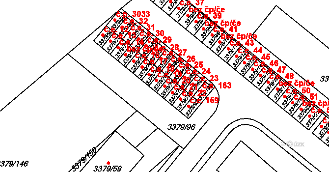Dědice 20, Vyškov na parcele st. 3379/77 v KÚ Vyškov, Katastrální mapa