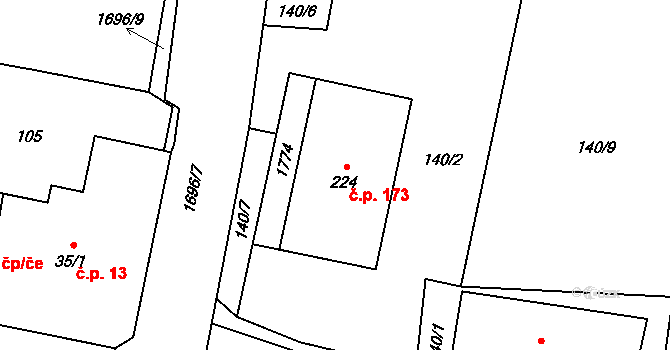Smilovice 173 na parcele st. 224 v KÚ Smilovice u Třince, Katastrální mapa