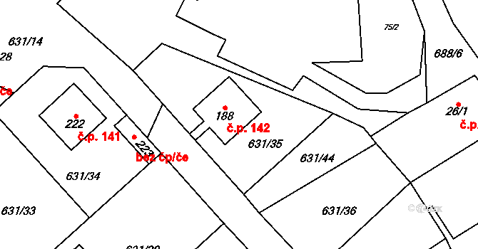 Bouzov 142 na parcele st. 188 v KÚ Bouzov, Katastrální mapa