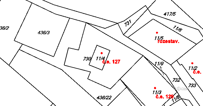 Dolní Šebířov 127, Lovečkovice na parcele st. 11/4 v KÚ Dolní Šebířov, Katastrální mapa