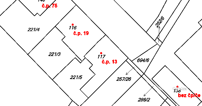 Milovice u Hořic 13 na parcele st. 117 v KÚ Milovice u Hořic, Katastrální mapa