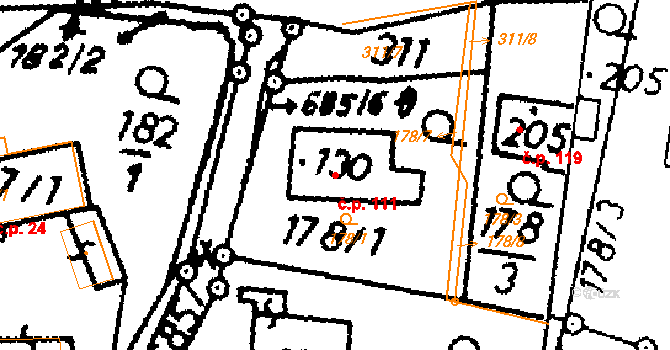 Dlouhoňovice 111 na parcele st. 130 v KÚ Dlouhoňovice, Katastrální mapa