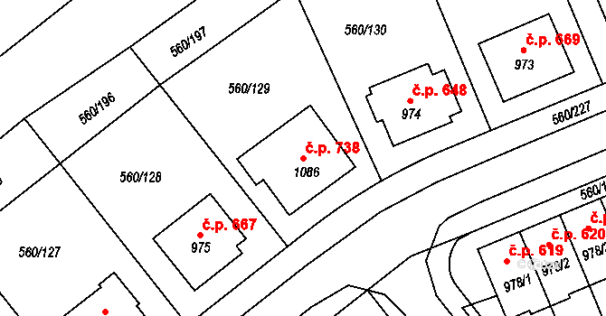 Podklášteří 738, Třebíč na parcele st. 1086 v KÚ Podklášteří, Katastrální mapa