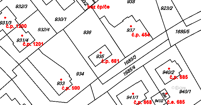 Řeporyje 681, Praha na parcele st. 935 v KÚ Řeporyje, Katastrální mapa