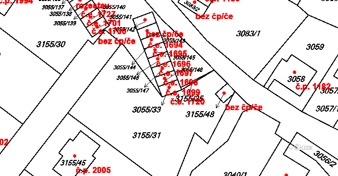 Děčín VI-Letná 1720, Děčín na parcele st. 3055/33 v KÚ Podmokly, Katastrální mapa