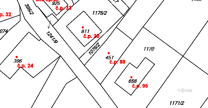 Košumberk 88, Luže na parcele st. 451 v KÚ Luže, Katastrální mapa