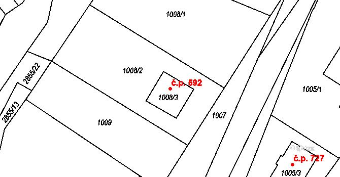 Rapotín 592 na parcele st. 1008/3 v KÚ Rapotín, Katastrální mapa