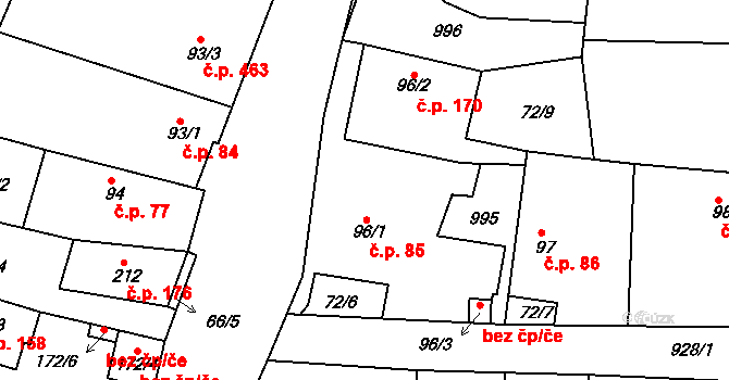 Hýskov 85 na parcele st. 96/1 v KÚ Hýskov, Katastrální mapa