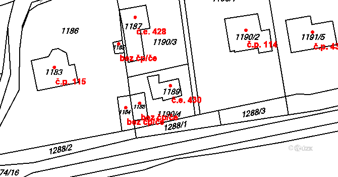 Všenory 430 na parcele st. 1189 v KÚ Všenory, Katastrální mapa
