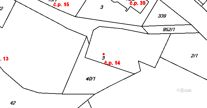 Třebýcina 14, Měčín na parcele st. 3 v KÚ Třebýcina, Katastrální mapa