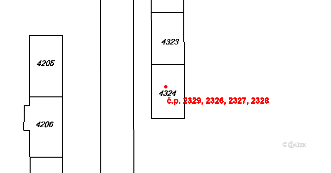 Zelené Předměstí 2326,2327,2328,2329, Pardubice na parcele st. 4324 v KÚ Pardubice, Katastrální mapa