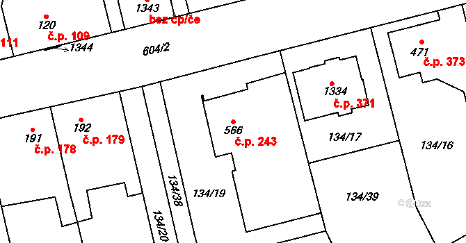 Rosice 243, Pardubice na parcele st. 566 v KÚ Rosice nad Labem, Katastrální mapa