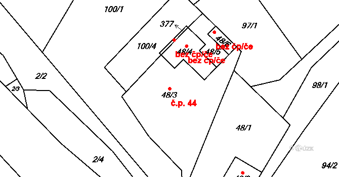 Hrabišín 44 na parcele st. 48/3 v KÚ Hrabišín, Katastrální mapa
