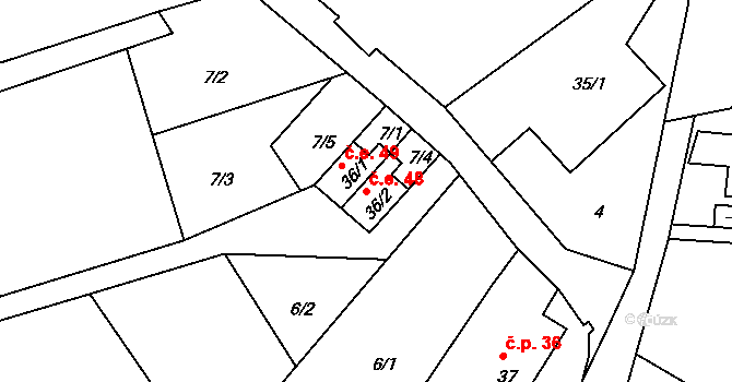 Pivonín 48, Zábřeh na parcele st. 36/2 v KÚ Pivonín, Katastrální mapa