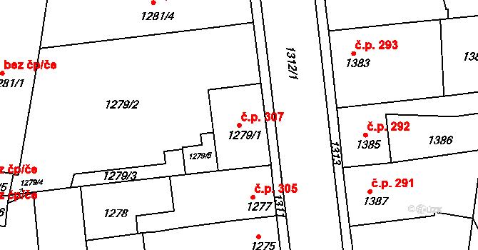 Podbořany 307 na parcele st. 1279/1 v KÚ Podbořany, Katastrální mapa