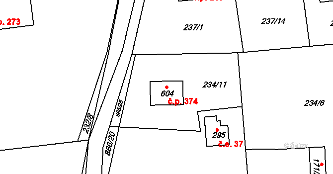 Kyšice 374 na parcele st. 604 v KÚ Kyšice u Plzně, Katastrální mapa