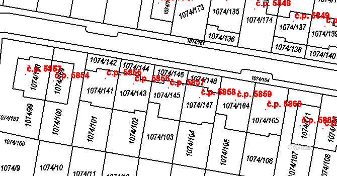 Jihlava 5857 na parcele st. 1074/145 v KÚ Jihlava, Katastrální mapa
