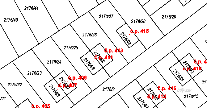 Malešovice 413 na parcele st. 2176/89 v KÚ Malešovice, Katastrální mapa
