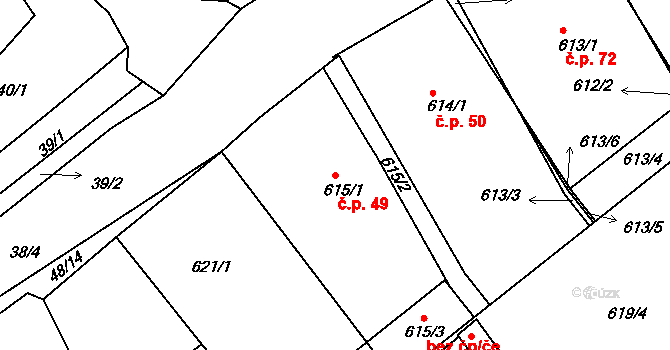 Loděnice 49 na parcele st. 615/1 v KÚ Loděnice u Berouna, Katastrální mapa