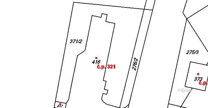 Dymokury 321 na parcele st. 416 v KÚ Dymokury, Katastrální mapa
