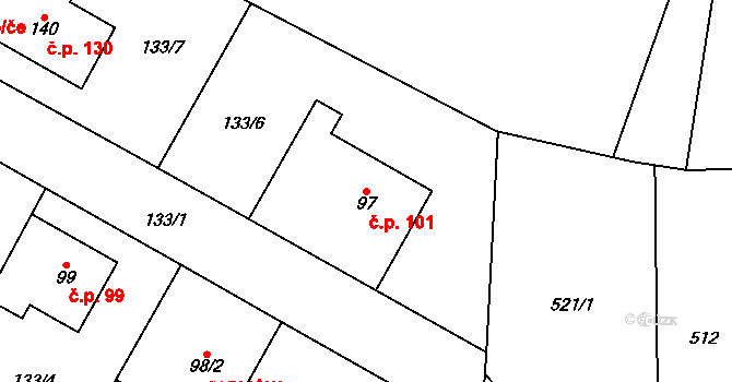 Přední Lhota 101, Poděbrady na parcele st. 97 v KÚ Přední Lhota u Poděbrad, Katastrální mapa