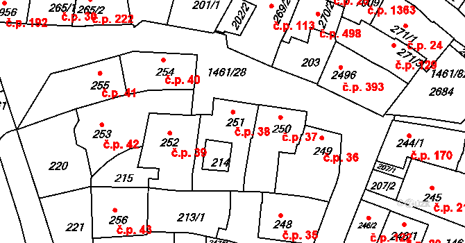 Horka-Domky 38, Třebíč na parcele st. 251 v KÚ Třebíč, Katastrální mapa