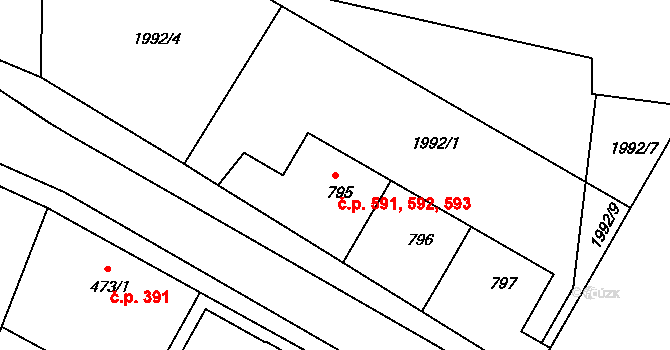 Pacov 591,592,593 na parcele st. 795 v KÚ Pacov, Katastrální mapa