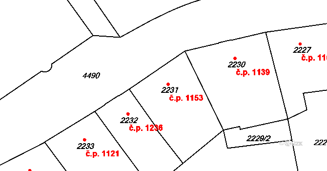 Teplice 1153 na parcele st. 2231 v KÚ Teplice, Katastrální mapa