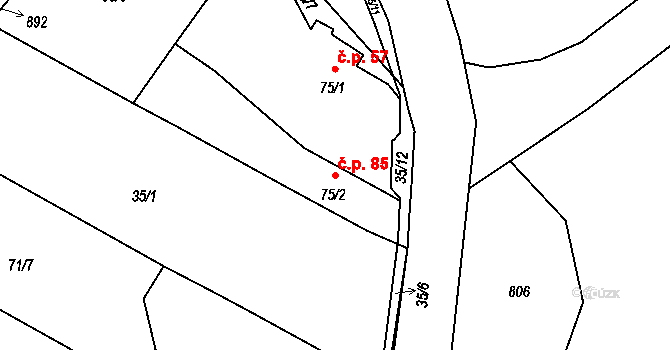 Hrušovany 85 na parcele st. 75/2 v KÚ Hrušovany u Chomutova, Katastrální mapa