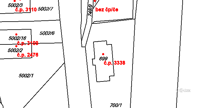 Smíchov 3338, Praha na parcele st. 699 v KÚ Smíchov, Katastrální mapa