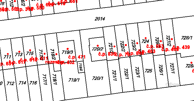 Vysočany 836, Praha na parcele st. 720/2 v KÚ Vysočany, Katastrální mapa