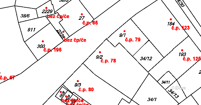 Hodolany 78, Olomouc na parcele st. 9/2 v KÚ Hodolany, Katastrální mapa