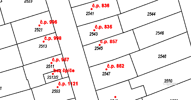 Šlapanice 857 na parcele st. 2545 v KÚ Šlapanice u Brna, Katastrální mapa