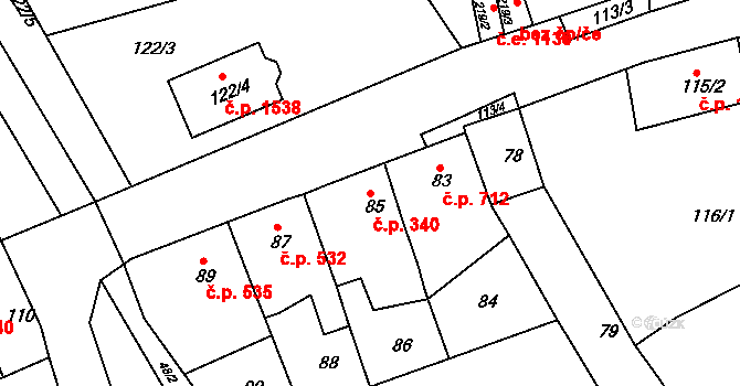 Kuřim 340 na parcele st. 85 v KÚ Kuřim, Katastrální mapa