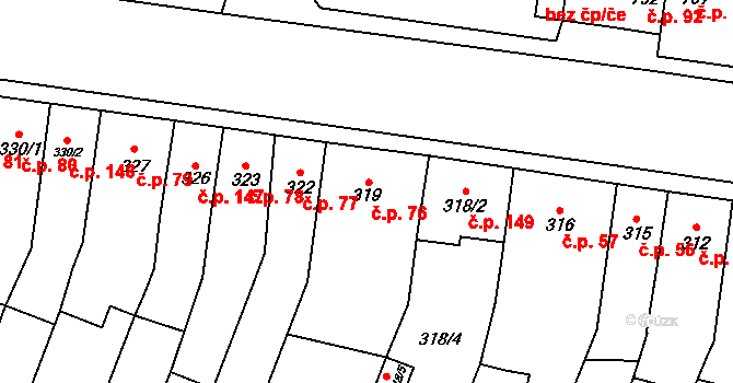 Rajhradice 76 na parcele st. 319 v KÚ Rajhradice, Katastrální mapa